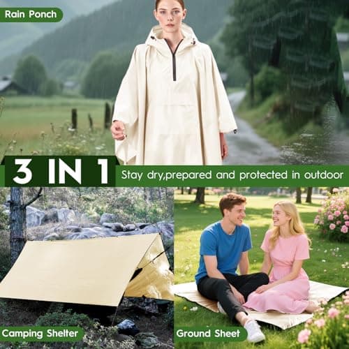 Bruvoalon 3-in-1 Rain Poncho with 1/4 Zip & Chest Pocket, Waterproof, Sunshade, Ground Mat for Adults & Youth Emergency, Beige, M — view 2