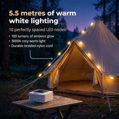 Auraglow Solar & USB Outdoor LED String Lights - Rechargeable Battery, Built-in Torch & Power Bank - Ideal for Camping, Hiking, Tent, Gazebo, Parasol & Garden Lighting - White — view 2