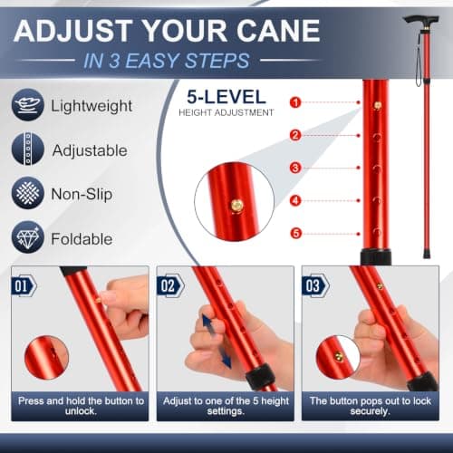 supregear Walking Stick - Adjustable Folding Walking Sticks for Women and Men - Lightweight Portable Collapsible Balancing Aid - Foldable Travel Cane for Ladies Elderly Adults, Red — view 3