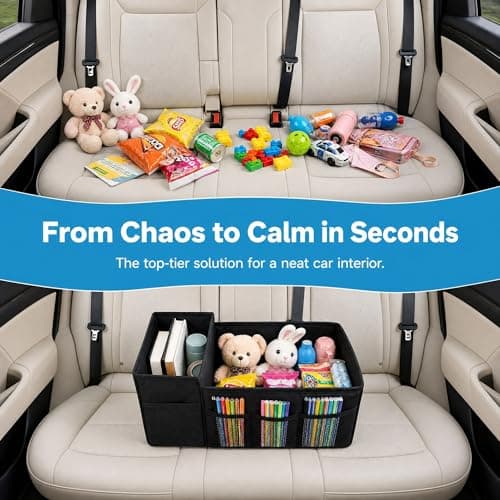 Lirynox Car Organiser, 31x25x25cm Car Seat Organizer Portable Waterproof Boot Storage Organisers with Handle Foldable Multi-Compartment Backseat Storage Caddy for Holds Toys Snacks Cups Books Tissue — view 6