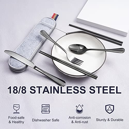 Travel Cutlery Set, 8 Piece Travel & Picnic Utensils for 1 Person, Dishwasher Safe, Includes Knife, Fork, Spoon, Utensil Stick, Cleaning Brush, Straw with Carrying Bag, UV Resistant (Black) — view 4