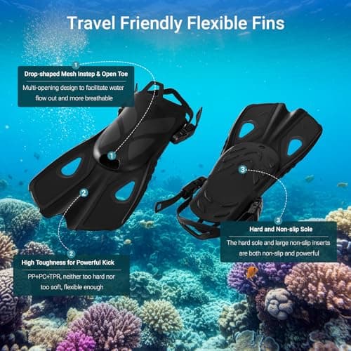 Snorkel Set Adults with Flippers, Snorkel Mask with Adjustable Open-Heel Swim Fins, Snorkeling Packages with Carrying Bag for Beginners and Snorkelers for Pool, Beach & Travel (Black, L/XL) — view 5