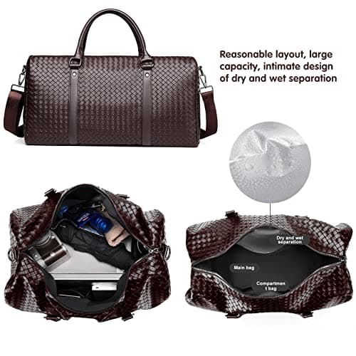 Leather Travel Duffle Bag for Men, Woven Carry On Weekender Overnight Bags for Business Sports Gym Brown — view 3