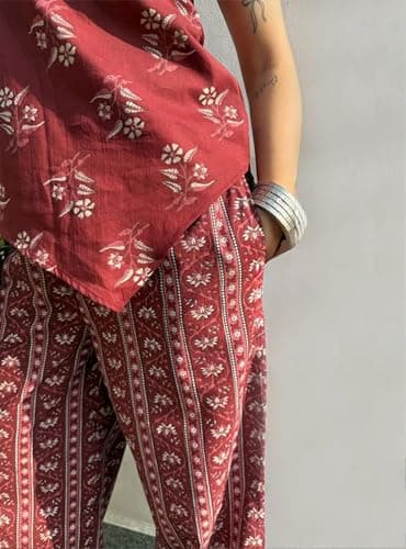 ONPEAK Women Printed Top and Bottom Set Casual Daily Wear Office Travel Stylish Outfit for Women, Maroon, L — view 2