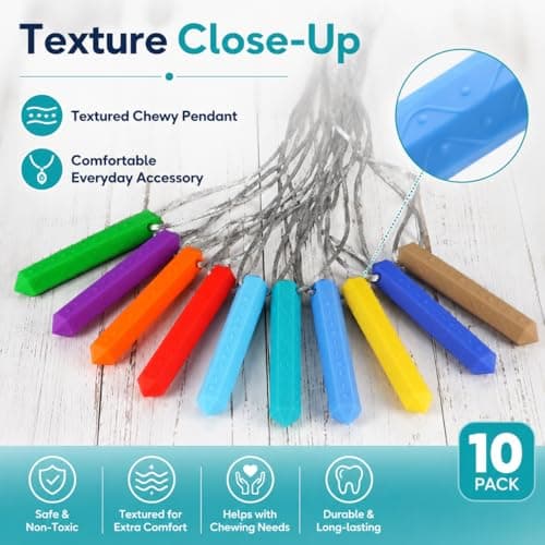 Sensory Chew Necklace Set, 10 Pack Silicone Chewy Pendant Necklaces with Adjustable Breakaway Cord, BPA Free Chewing Accessories in Assorted Colours for Daily Sensory Use — view 5