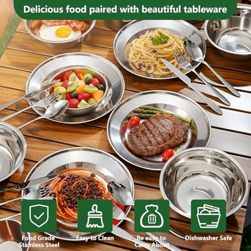 MYHOGOOD Camping Cutlery Set,Stainless Steel Tableware Mess Kit with Plates Cups Forks Spoons Knives,8 in 1 Flatware Dinnerware Utensils Set with Mesh Bag for Outdoor Camping Hiking Picnic(1, Silver) — view 3
