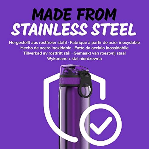Ion8 Lightweight Steel Water Bottle, 600ml/20oz, Non-Insulated, Leak Proof, Easy to Open, Secure Lock, Dishwasher Safe, Flip Cover, Fits Cup Holders, Carry Handle, Metal Water Bottle, Metallic Purple — view 6