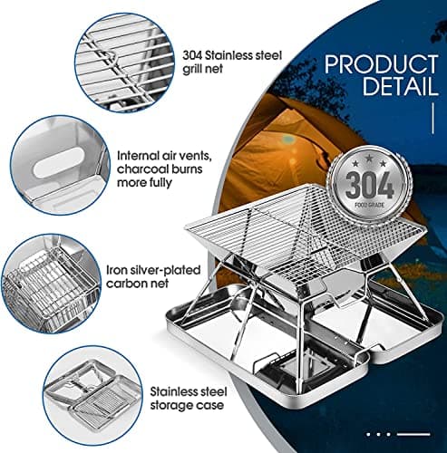 KAHEIGN Stainless Steel Fire Pit, Foldable BBQ Grill Rack Portable Campfire Pit Liftable Wood Burning Charcoal Grill for Camping Picnic Patio Backyard Garden - with Iron Box & Carrying Bag — view 2