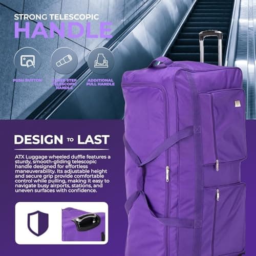 ATX Luggage 40" Jumbo Wheeled Duffle Bag Lightweight Rolling Wheels Suitcase Extra Durable Holdall for Sports Travel and Cargo | Purple — view 5