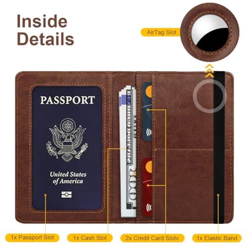AOOSU Airtag Wallet Passport Holder Cover, PU Leather Passport Cover with RFID Blocking Travel Wallet, Portable Universal Travel Wallets Case Organiser for Money, Boarding Passes, Credit Cards Brown — view 3