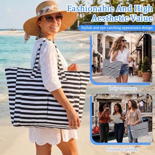 Large Beach Bag for Women with Zipper, Waterproof Summer Beach Tote Bags with Pockets, Holiday Essentials Family Travel Bag with Wet Compartment, Oxford Cloth Shopping Bags(Style 2) — view 6