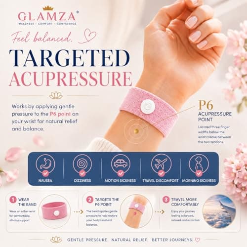 Anti-Sickness Travel Bands - Acupressure Wristbands for Motion Sickness and Nausea Relief (X6 Pairs (Pink)) — view 3