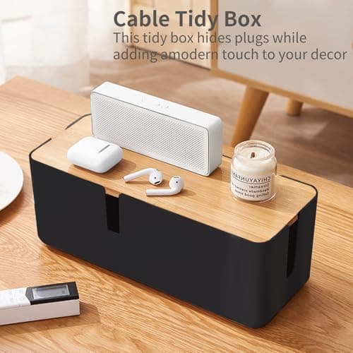 JJQHYC Cable Tidy Box Large Cable Box with Bamboo Lid Cable Management Box Black Cable Organiser for Hiding Cables and Plugs — view 4