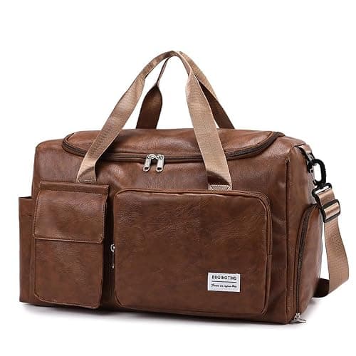 seyfocnia PU Leather Travel Bag with Shoe Pouch, Small Carry On Weekender Overnight Bag Waterproof Travel Duffel Bags Gym Bags for Men or Women, Brown