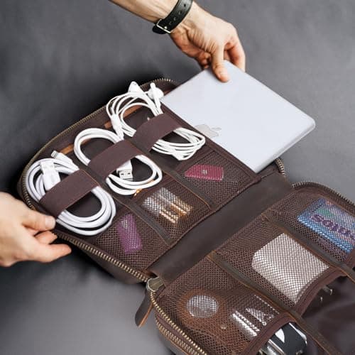 Polare Full Grain Leather Travel Cable Organizer Case Electronics Accessories Carry Bag with YKK Zippers All-in-One Storage Bag for Cables, Power Bank, USB, SD Card, Travel Essentials, Dark Brown (M — view 5