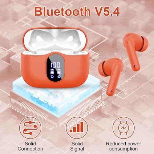 Wireless Earbuds, Bluetooth 5.4 Headphones In Ear with 4 ENC Mic, 2026 Wireless Earphones Noise Cancelling Deep Bass, LED Display, Bluetooth Earbuds 36H Playtime, IP7 Waterproof Ear buds, USB-C Orange — view 3