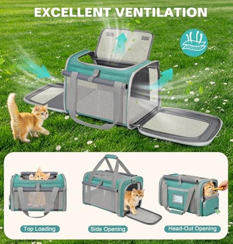 BTNEEU Soft Sided Cat Carrier Bag Airline Approved Large Pet Carrier Portable Dog Carrier Ventilated Foldable Pet Travel Carriers Bag For Cats With Shoulder Strap & Washable Mat (Lake Green) — view 6