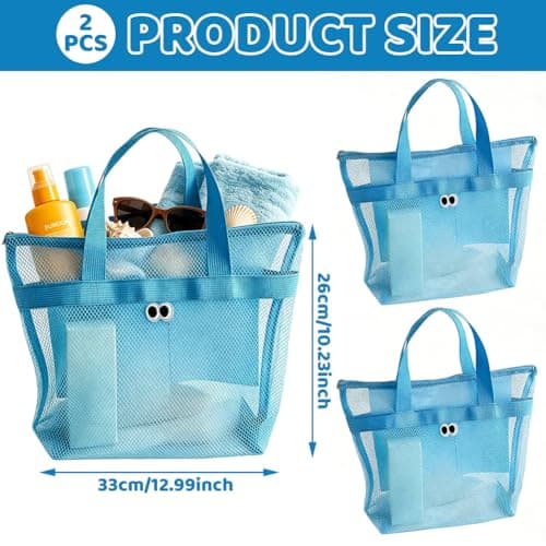QWEPU Mesh Beach Bags, 2PCS Lightweight Large Pool Beach Tote Bag, Portable Mesh Beach Tote Bag Mesh Sand Bag Mesh Beach Bag Suitable for Pool, Beach, Travel (blue) — view 2
