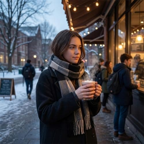 Women's Checked Winter Scarf, Charcoal Grey and Beige, Fringed Ends — view 5