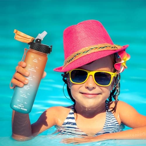 GOPPUS 500ml/17oz Kids Water Bottles with Straw Tritan Childrens Bottle with Flip Top Lid BPA Free Measured Drinks Bottle with Strap Sports Reusable Time Markings Leakproof (Orange Green) — view 6