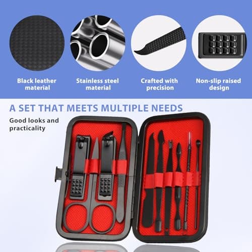 Manicure Set Nail Clippers Kit 10 in 1 Professional Stainless Steel Grooming Tools with Leather Travel Case, Nail Care Kit for Men and Women, Portable Kit for Hand Care and Foot Care — view 3