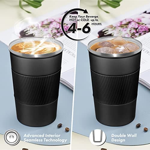 EALLEN Travel Mug with Leakproof Lid,Insulated Reusable Coffee Mug for Hot&Cold Drinks/Tea,Portable Stainless Steel Thermal Takeaway Travel Coffee Cup for Car/Outdoor/Picnic/Office/School (Black) — view 4