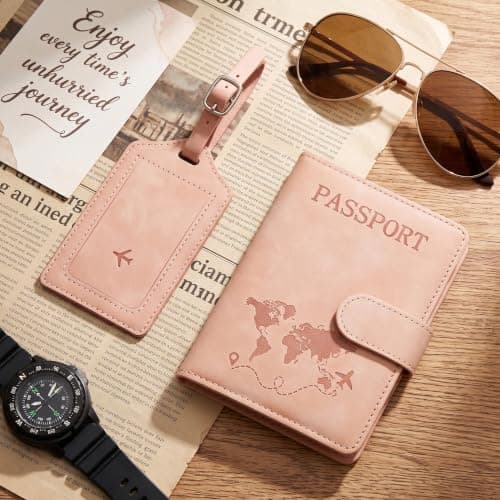 Kaaeiccr Passport Cover, RFID Blocking Travel Wallet Pink Luggage Tag Set — view 2