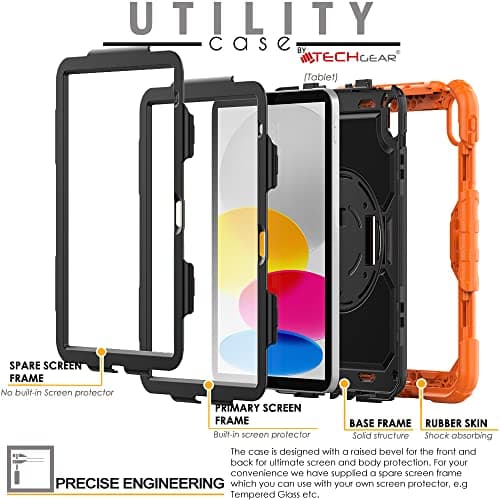 TECHGEAR UTILITY Case for iPad 11" A16 (11th Gen 2025) & 10.9" (10th 2022), Rugged Heavy Duty Shockproof Cover Screen Protection, 360 Stand, Hand & Shoulder Strap - for Work, School, Travel, Orange — view 4