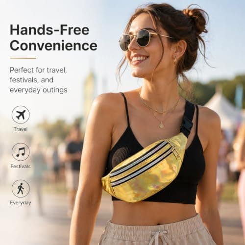 Fashion Metallic Bum Bag,Holographic Waist BagFanny Double Zipper Belt Bag Festival Rave Bumbags Waterproof Hip Pouch for Women Ladies Girls Travel Party Festival Sports Outdoor (Gold) — view 6