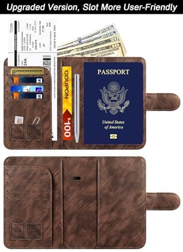 Passport Holder Wallet Travel Essentials Leather RFID Blocking Holiday Luggage Must-Have Travel Accessories for Men Women 120#Coffee Upgraded Design — view 2