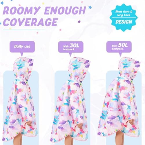 WAWSAM Kids Poncho Waterproof - Butterfly Rain Poncho for Girls - Lightweight Hooded Raincoat with Storage Bag - Portable Rainwear for School & Travel — view 6