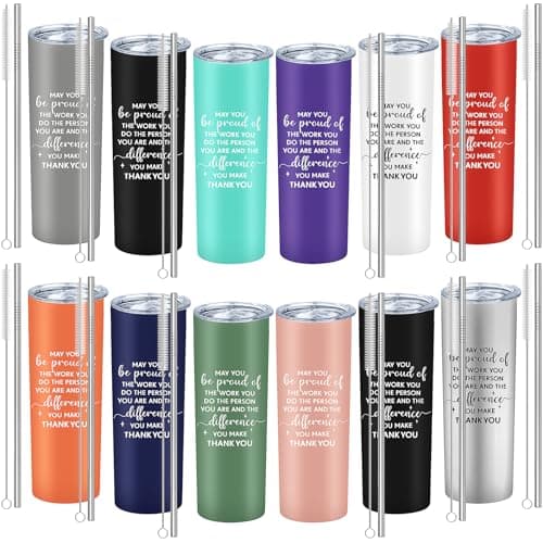 Xaztr 12 Pack Stainless Steel Tumbler Bulk, 600ml Insulated Vacuum Travel Coffee Mug Double Walled Tumbler with Lid and Straw for Cold Hot Drinks, Inspirational Christmas Thank You Gifts