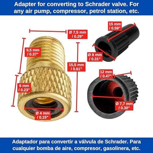 Bicycle valve adapter set, 12-pack, for flash and Presta valve to car valve, DV and SV to AV, kit with valve caps, air pump adapter insert for floor pump, hand pump, tube valve attachment — view 4