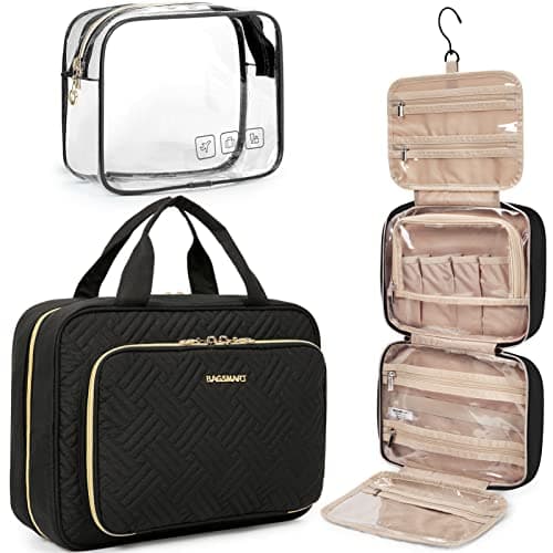 BAGSMART Toiletry Bag Hanging Travel Organizer with TSA Approved Transparent Cosmetic Bag and Detachable Makeup Pouch for Full Sized Toiletries, Medium-Black