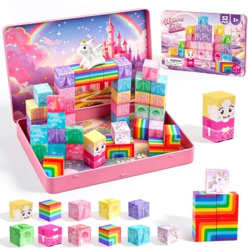 DQMOON Unicorn Gifts for Girls, 52PCS Magnetic Building Blocks for Girls Toys Age 3-9, Magnet Tiles Set Montessori STEM Construction Learning Toys, Kids Travel Toys Birthday Gifts Stocking Fillers