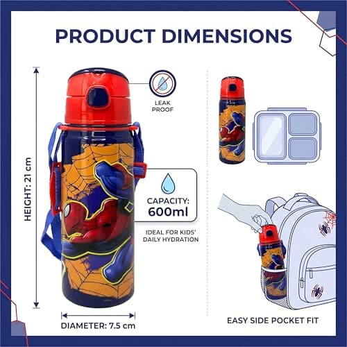 600ml Marvel Spiderman Kids Water Bottle with Straw – Aluminium Leak Proof Drinking Bottle for Boys, BPA Free Metal Sports Water Bottle for School, Travel & Back to School — view 2