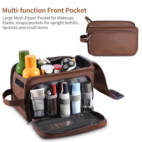 Large Toiletry Bag for Men, PU Leather Travel Toiletry Organizer, Dopp Kit Water-resistant Shaving Bag for Toiletries Accessories Toiletries Organizer Cosmetic Bags, Brown, XL, Toiletry Bag — view 4