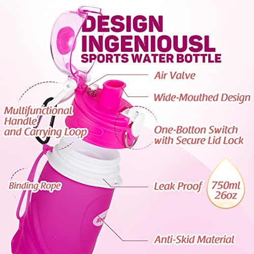 Kemier Collapsible Silicone Water Bottles-750ML,Medical Grade,BPA Free.Can Roll Up,26oz,Leak Proof Foldable Sports & Outdoor Water Bottles (pink) — view 3