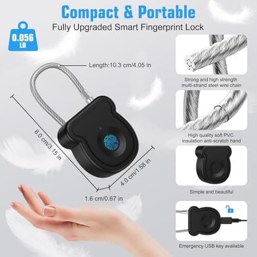 Larimuer Smart Fingerprint Padlock for Luggage - 20 User Capacity, USB Key & Emergency Code, Keyless Biometric Lock for Gym Locker, Suitcase, Backpack, Toolbox & Handbag (Black) — view 5