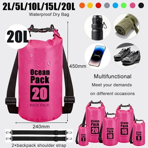RONGZUBAT 20L Large Waterproof Dry Bag with Shoulder Strap, Roll Top Dry Sack for Camping Gear, Waterproof Bag for Boating, Kayaking, Fishing, Paddle Boarding, Beach, Swimming and Travel - Hot Pink — view 2