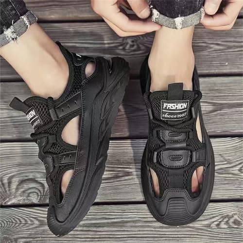 Metaju Men's Closed Toe Outdoor Sandals, Leather Lightweight Hiking Sandals, Breathable Non-Slip Rubber Sole Walking Shoes for Trekking Camping Beach Travel Summer Sports (Black,9.5) — view 2