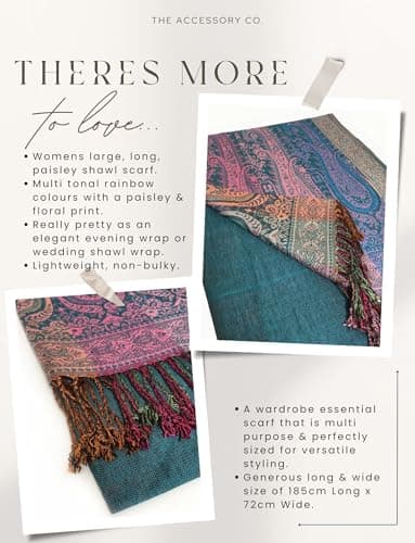 Women Pashmina Scarf Shawl Wrap - Large Long Paisley Floral Rainbow Ladies Scarves, Wearable Blanket Scarf, Womens Winter Scarfs, Indian Shawl Wedding Evening Stole, Head Scarf (Turquoise Teal) — view 6