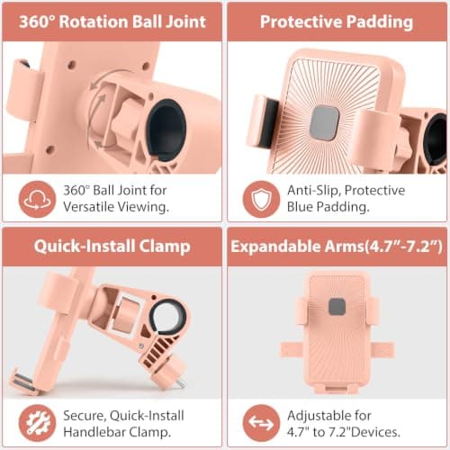360° Motorbike Phone Holder | Bike Phone Mount Clamp | E Bike Accessories | Bicycle Phone Holder & Mount | Universal Motorbike Scooter Handlebar Cradle | Cycling MTB Road Bike Accessories Gift - Pink — view 3