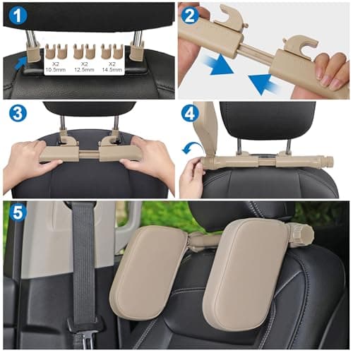 C COMCROSFLY Car Headrest Pillow, Adjustable Head Rest Pillow for Car Seat, Head Neck Support for Kids Adults Travel Sleeping, Fit for Headrest with Poles (Beige) — view 5