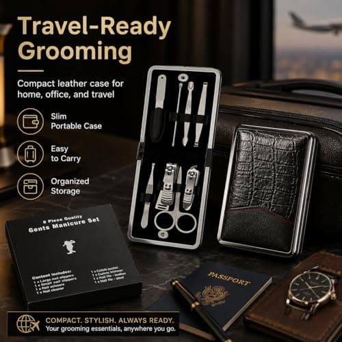8 Piece Men's Manicure Set in Leather Travel Case – Complete Nail Care Grooming Kit with Clippers, Scissors & Tools – Portable Gift Set for Home & Travel (white) — view 6