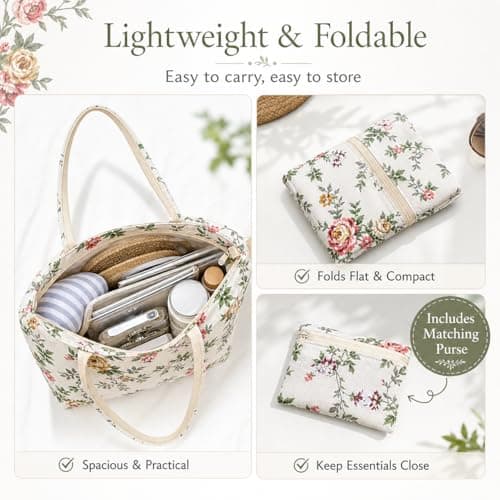 Lightweight Floral Canvas Tote with Free Purse, Shoulder Shopping & Travel Beach Bag for Women (Red, L) — view 6