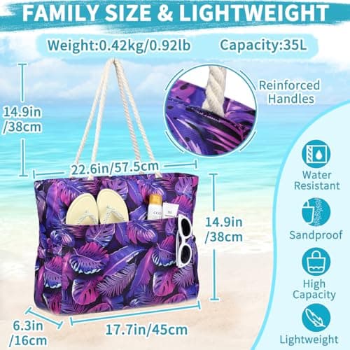 RAVUO Large Beach Bag for Women, 35L Water-Resistant Sandproof Tote with Floating Lining & 8 Pockets, Lightweight Foldable Family Beach Tote for Holiday, Pool, Gym & Travel — view 3