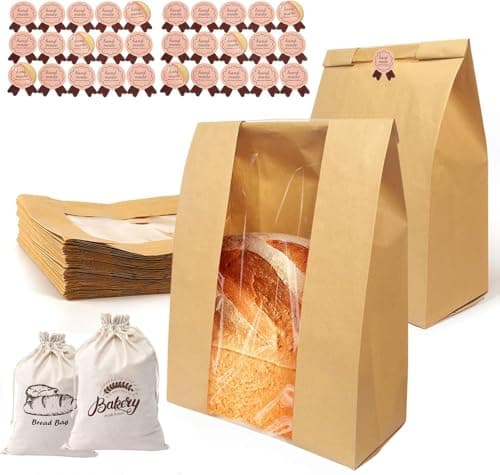 20 Pack Sourdough Bread Bags with Window for Homemade Bread Storage | Kraft Paper Bakery Bags for Cookies, Snacks & Gifts | Includes 30 Sealing Stickers & 2 Pcs Linen Cotton Bag