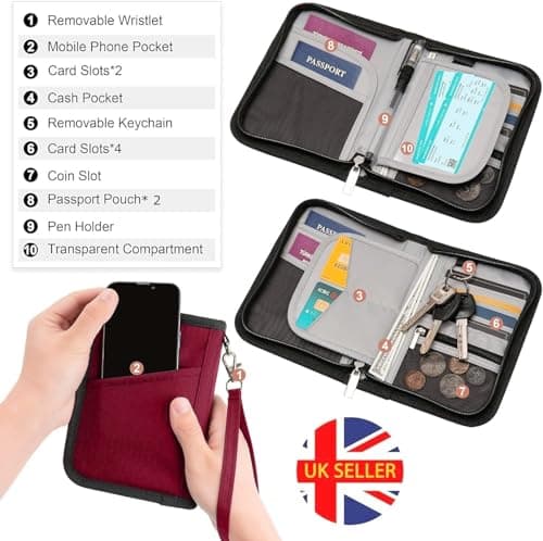 MOIRENTO Passport Holder Wallet - Waterproof A5 Size - RFID Blocking Travel Wallet - Holds 2 Passports, Cash & Cards - Ticket Slot, Coin Pocket, Zipper Closure - Red, Burgundy - Ideal for Men & Women — view 4