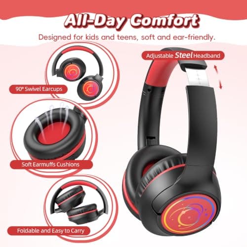 Kids Headphones Wireless with LED Lights 85H Playtime for Toddler Boy Black — view 5